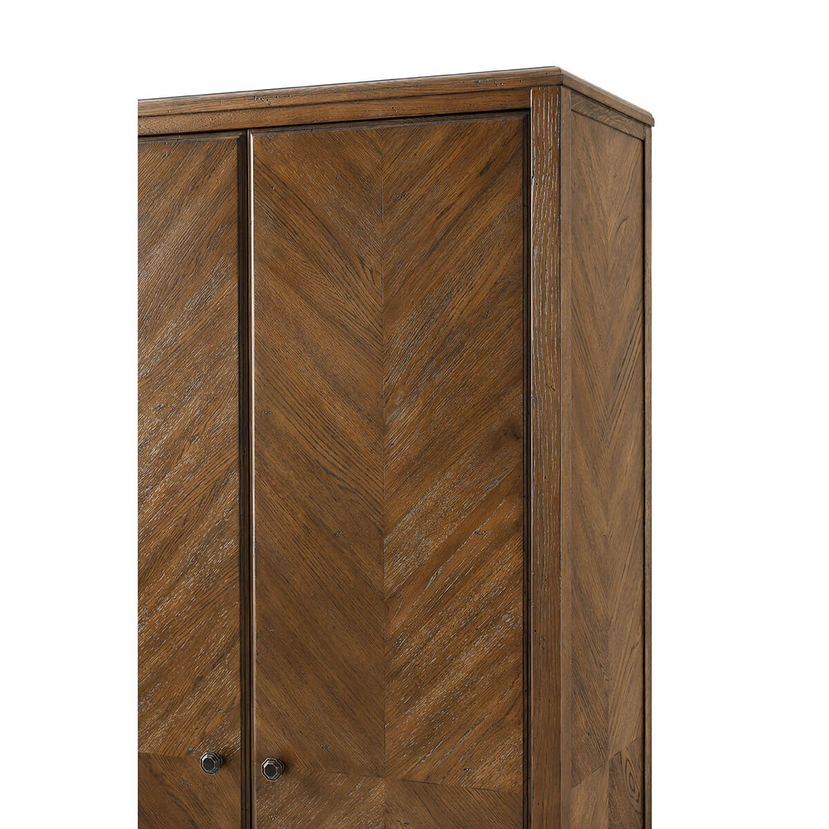 Close-up of cabinet's top corner wood detail.