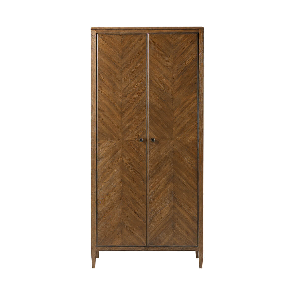 Front view of tall dark oak cabinet with doors closed.