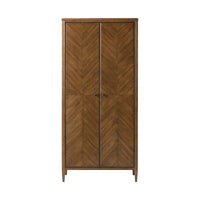 Front view of tall dark oak cabinet with doors closed.