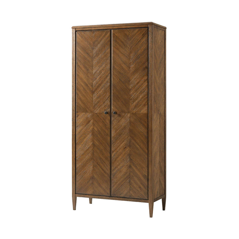 Tall dark oak cabinet angled view with closed doors.