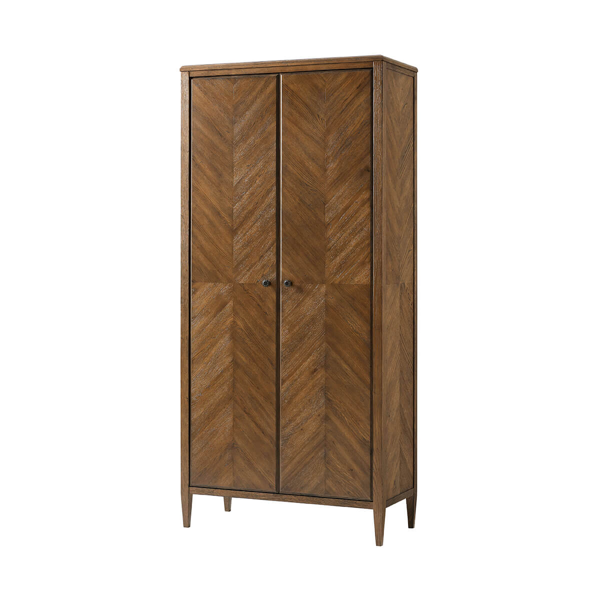 Tall dark oak cabinet angled view with closed doors.