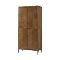 Tall dark oak cabinet angled view with closed doors.