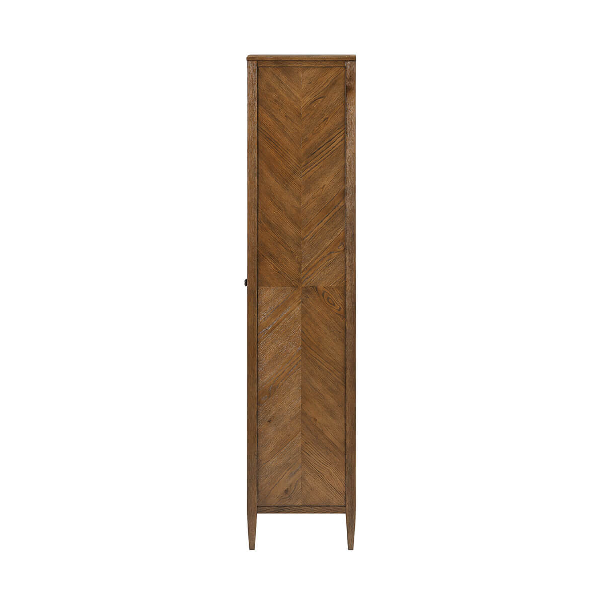 Side profile of tall dark oak cabinet.