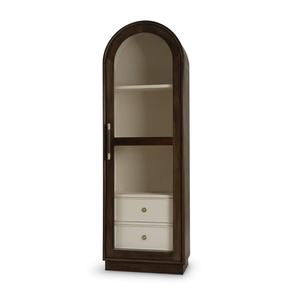 Arched tall glass door display cabinet front view.