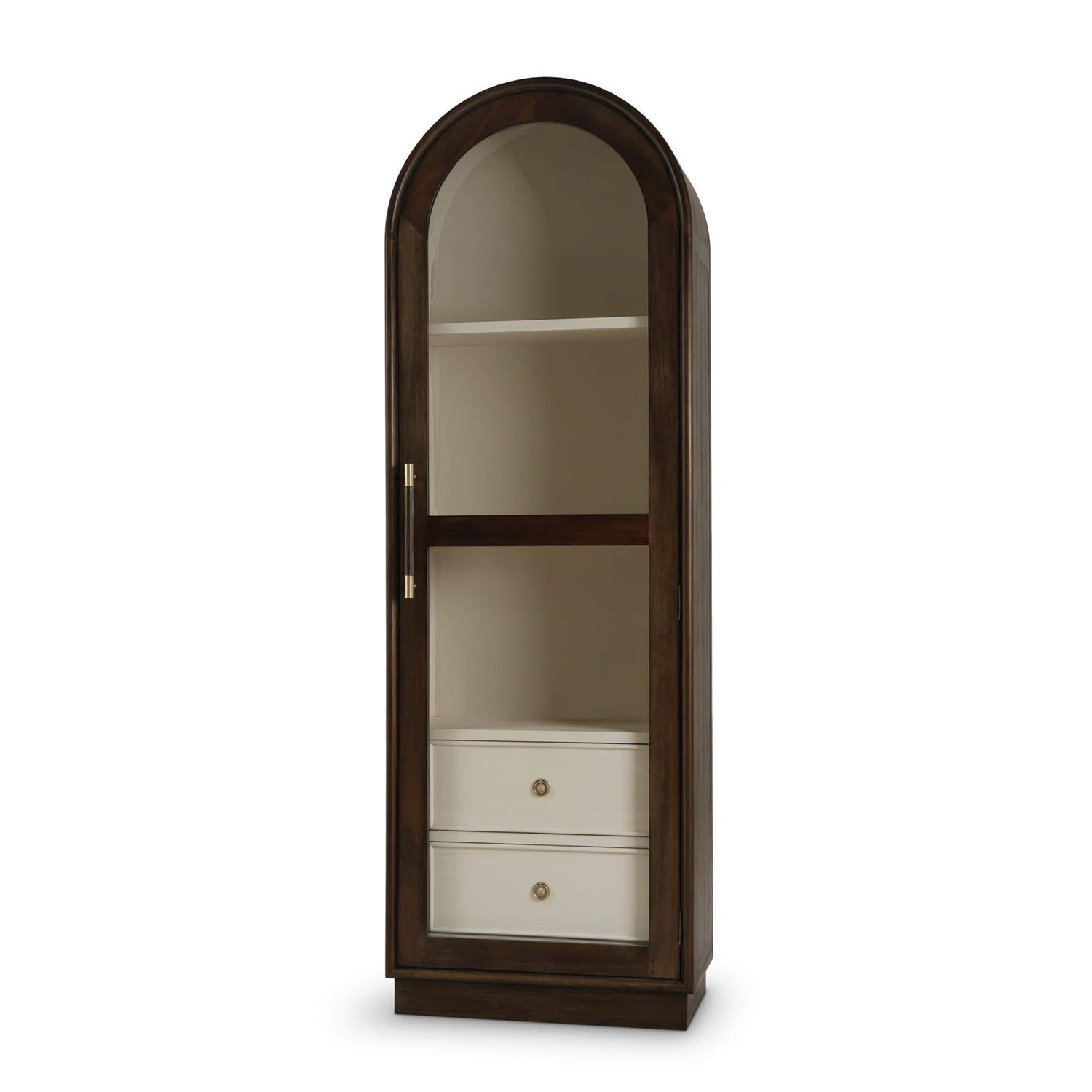 Arched tall glass door display cabinet front view.