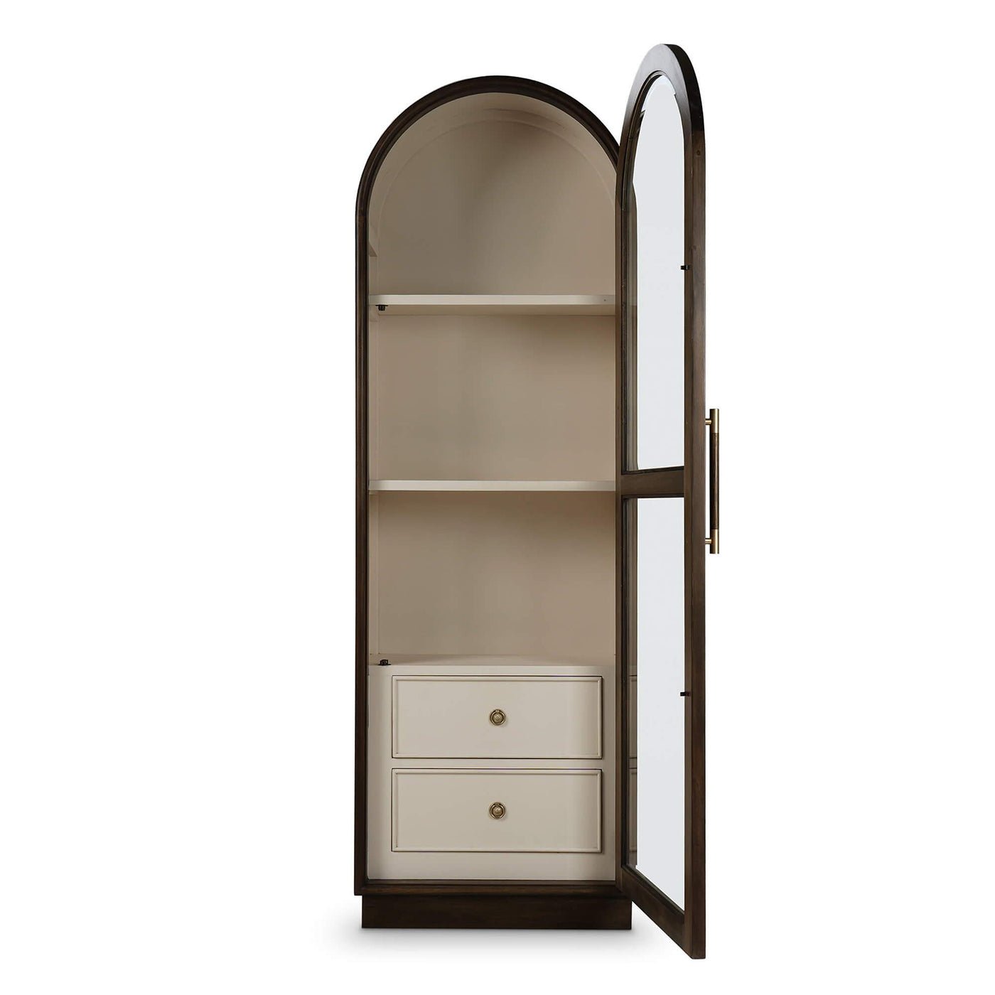 Open tall glass door display cabinet with drawers visible.