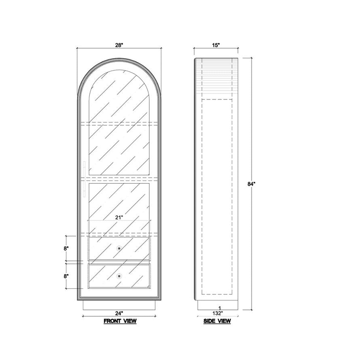 Dimensions diagram of tall glass door display cabinet.