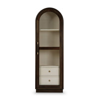 Closed tall glass display cabinet centered full view.