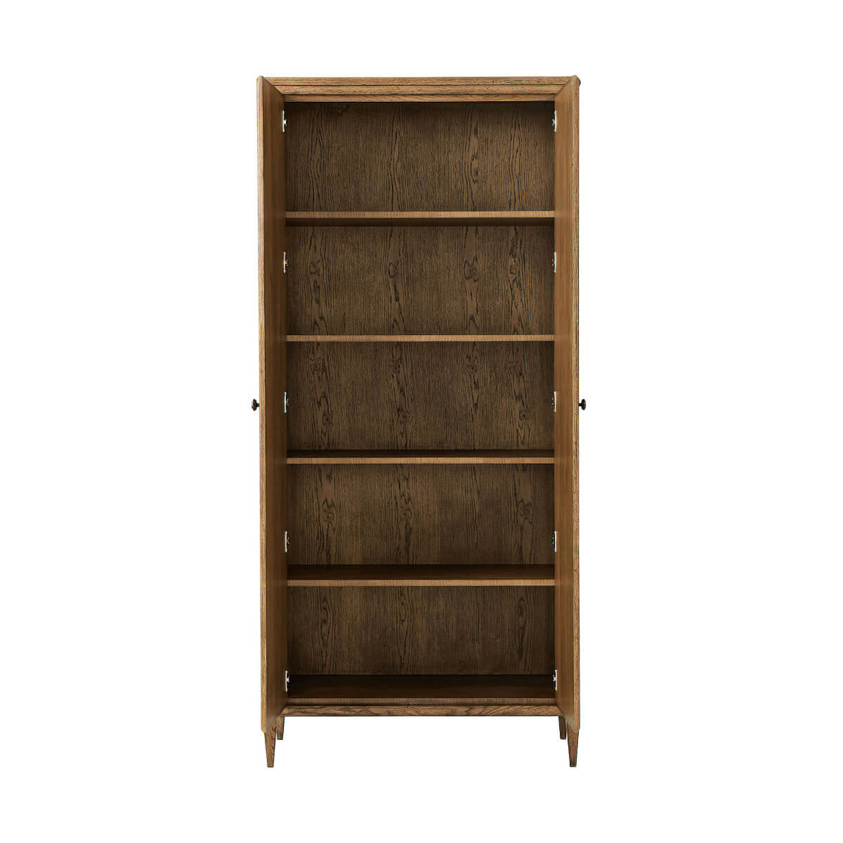 Inside shelves of tall light oak cabinet, doors open.