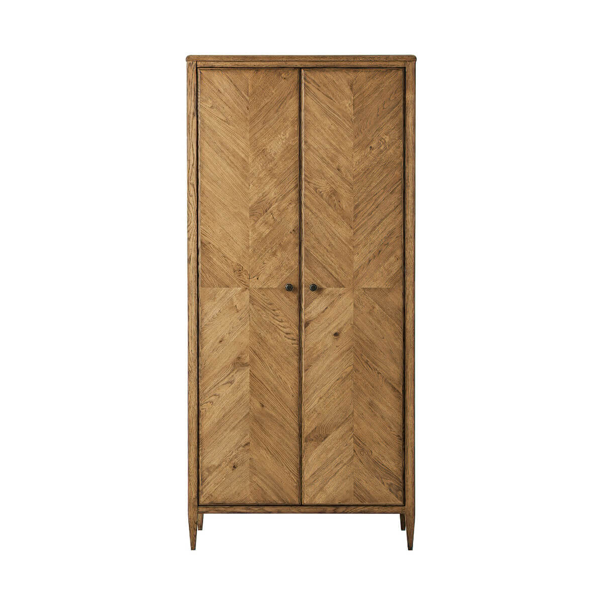 Front view of tall light oak two-door cabinet.