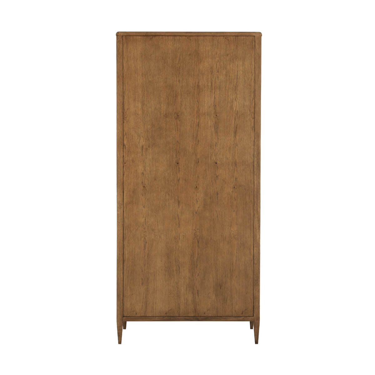 Back view of tall light oak two-door cabinet.