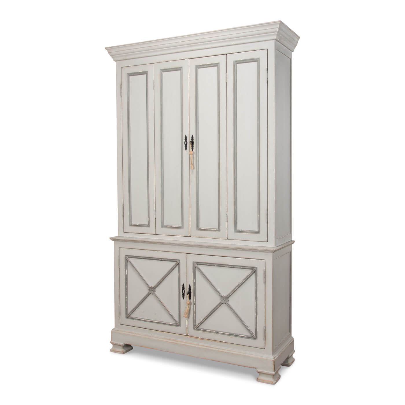 Distressed tall cabinet, closed doors, side angle view.