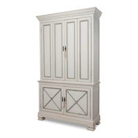 Distressed tall cabinet, closed doors, side angle view.