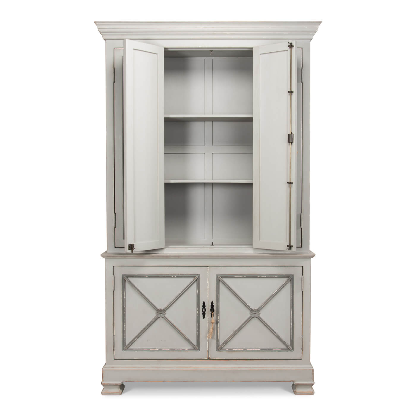 Tall cabinet, top doors open, shelves visible.