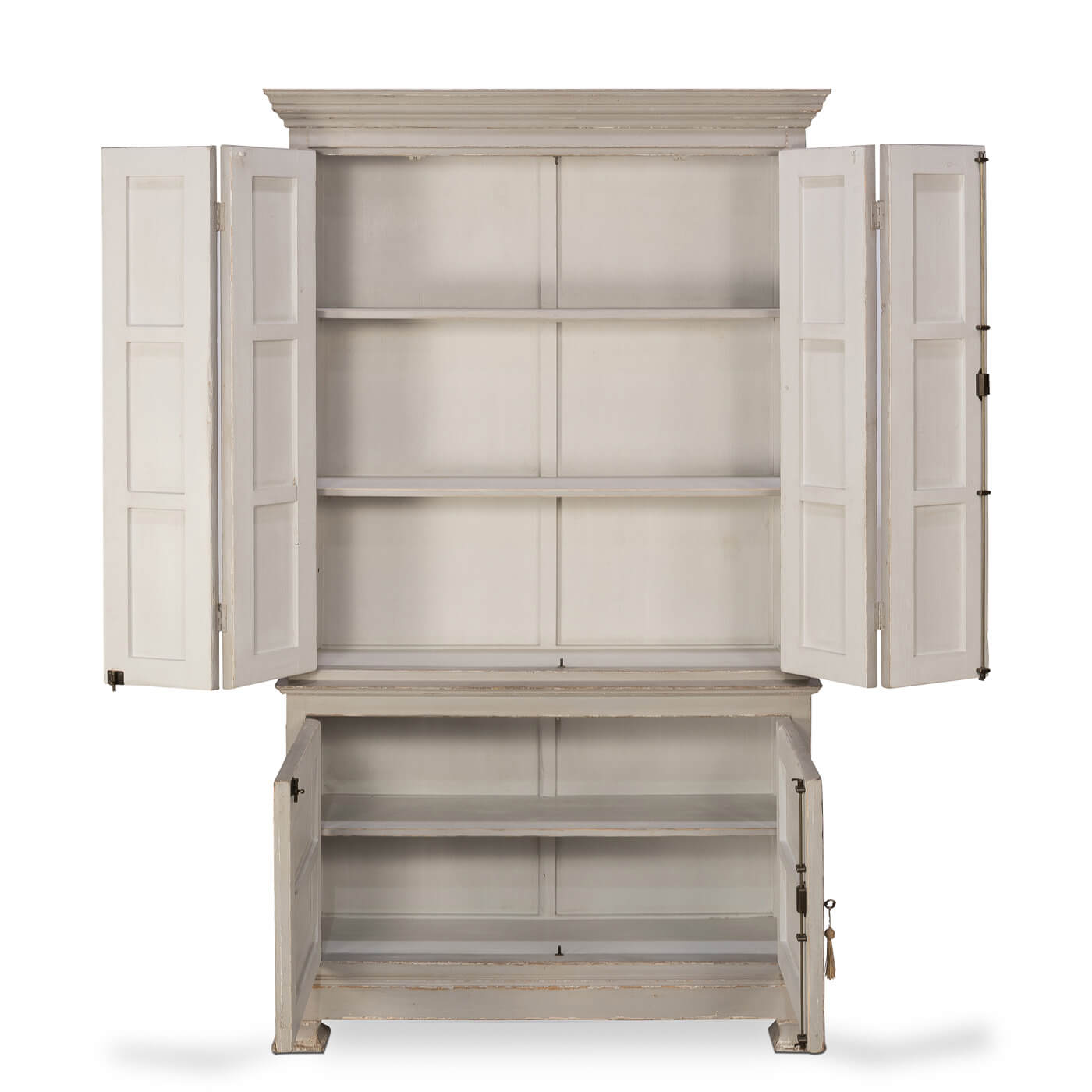 Tall cabinet, all doors open, multiple shelves view.