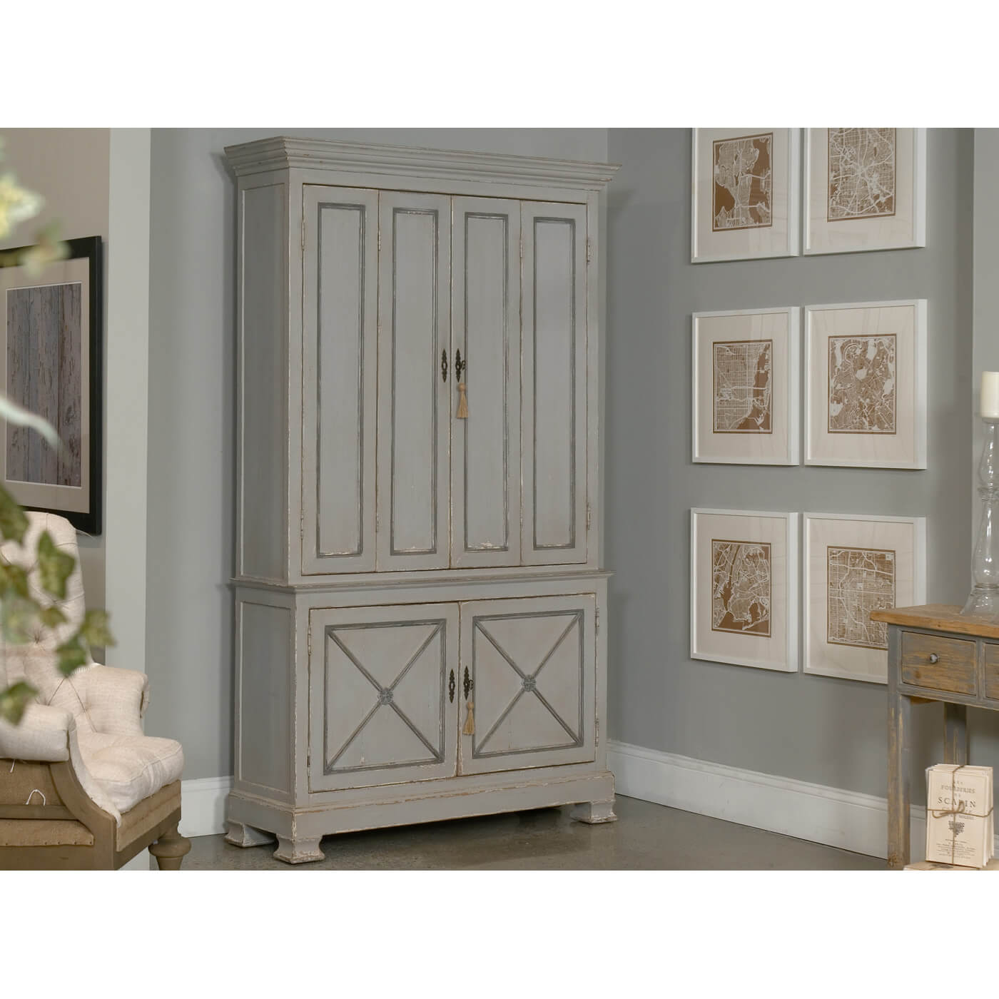 Tall cabinet in room, decor setting.