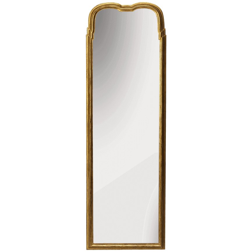 Tall Queen Anne mirror with ornate gold frame.