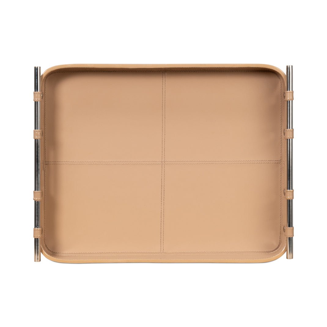 Tan leather tray, top-down view showing full surface.