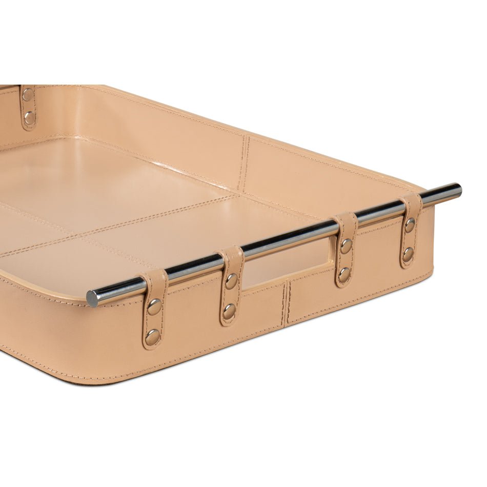 Tan leather tray, close-up of handle and stitching.