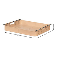 Tan leather tray dimensions, width, height, and length shown.