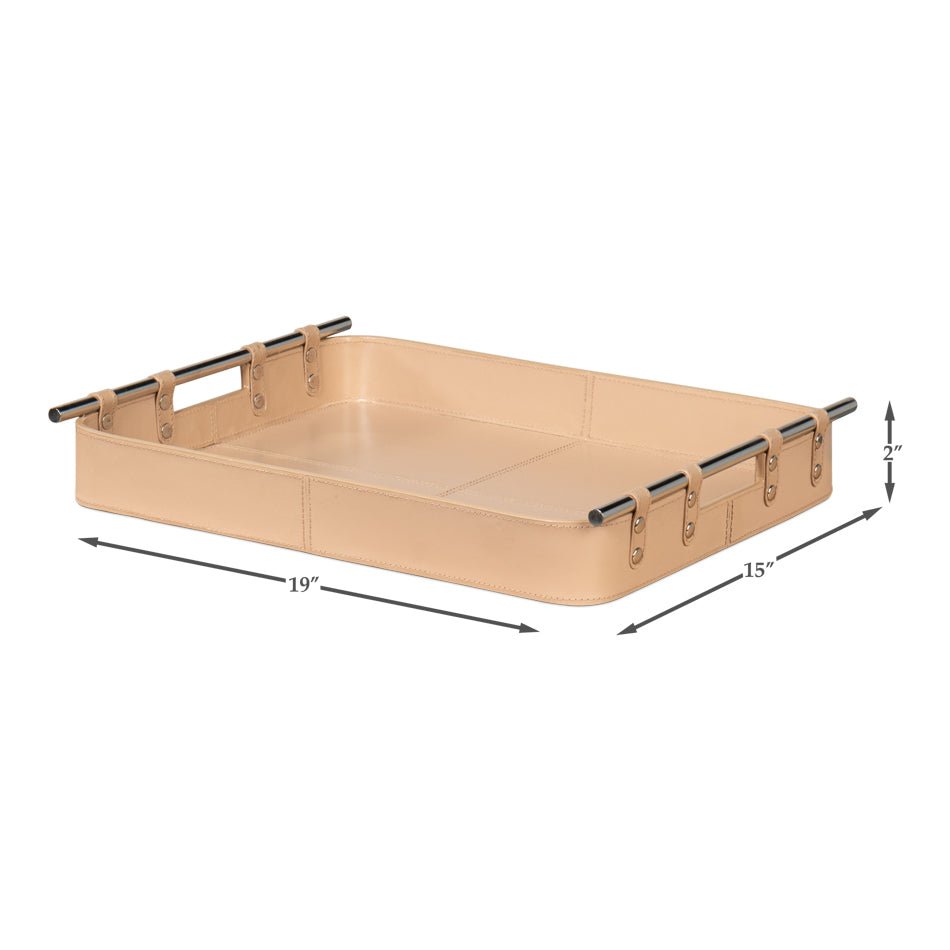 Tan leather tray dimensions, width, height, and length shown.