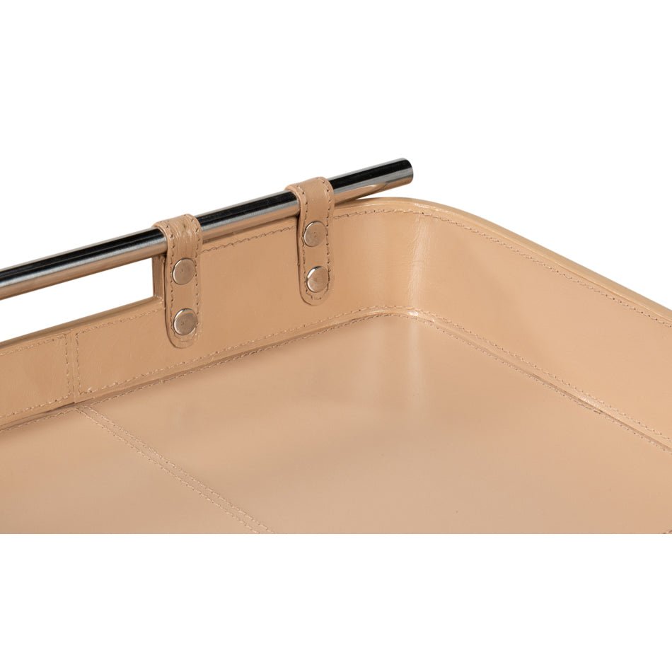 Tan leather tray, close-up of corner and snap detail.