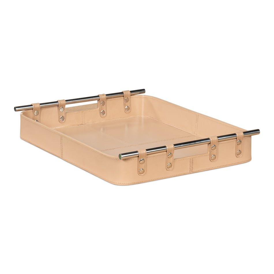 Tan leather tray, angled view highlighting handle design.