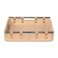 Tan leather tray, front view focusing on leather details.