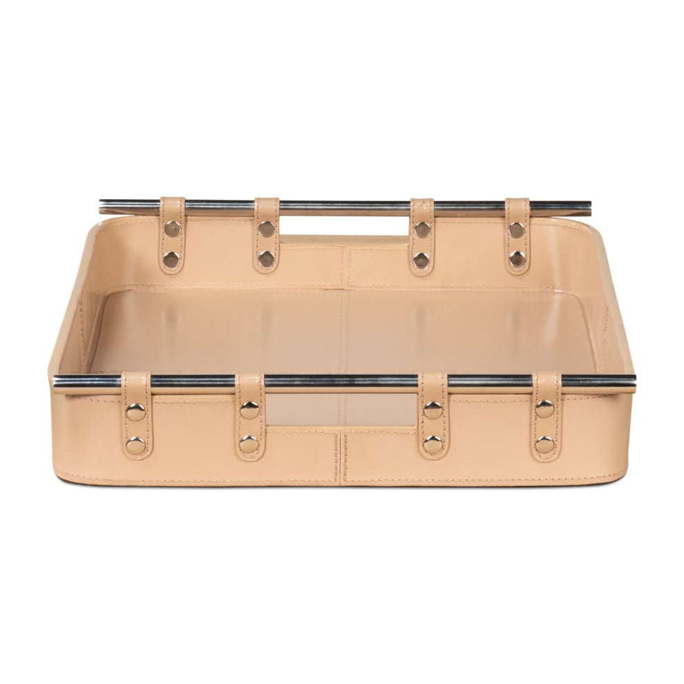 Tan leather tray, front view focusing on leather details.
