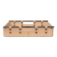 Tan leather tray, front view with dual handles.