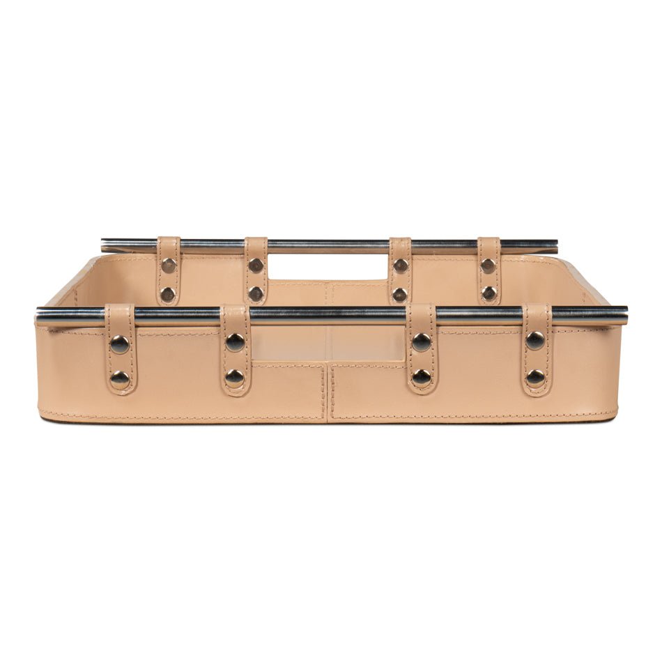 Tan leather tray, front view with dual handles.
