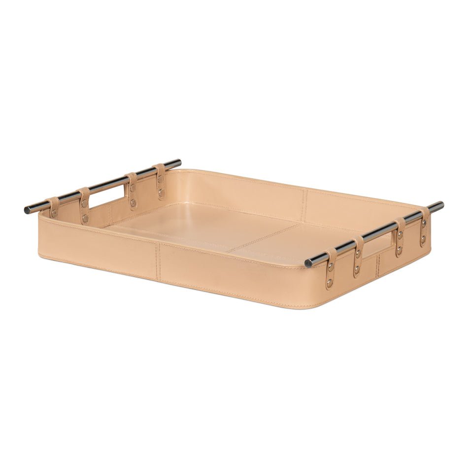 Tan leather tray, top-side view with metal handles.