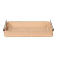 Tan leather tray, front view displaying sleek handles.