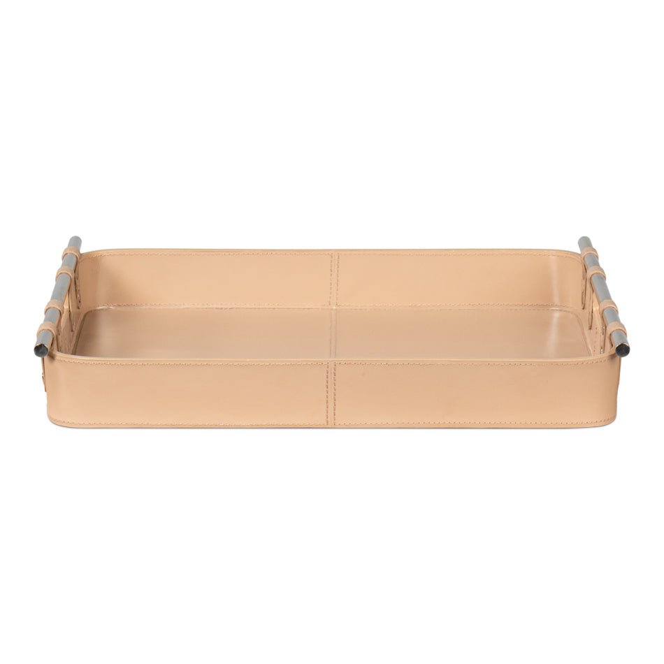 Tan leather tray, front view displaying sleek handles.