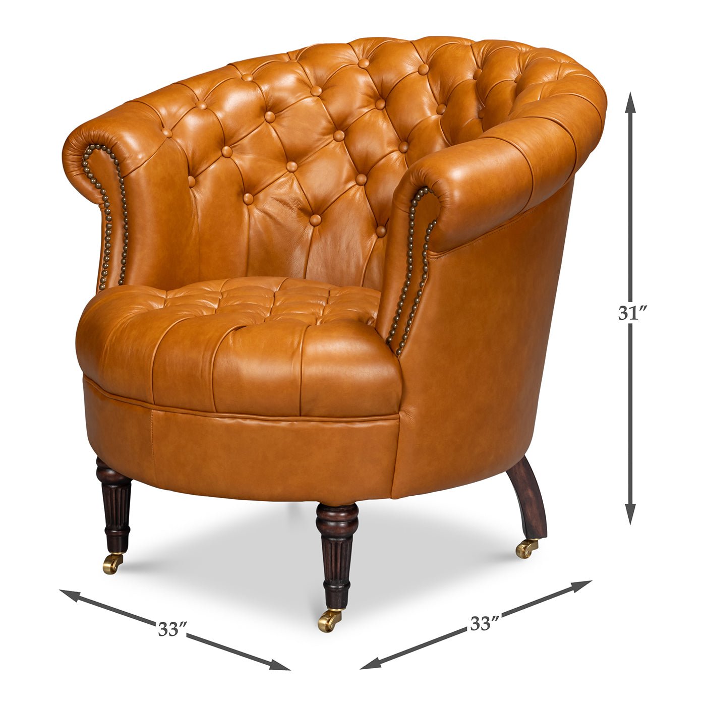 Dimensions shown for tan barrel accent chair.