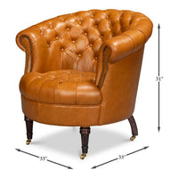 Dimensions shown for tan barrel accent chair.