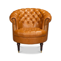 Tan leather barrel chair, direct front view.