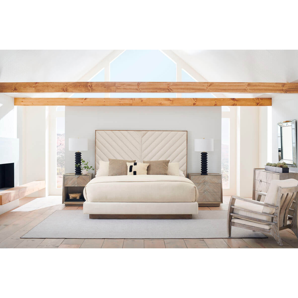 Bedroom featuring tapered ash modern nightstands.