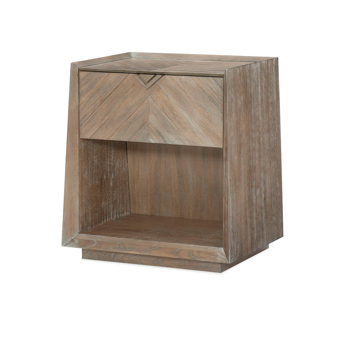 Tapered ash modern nightstand angled front view.