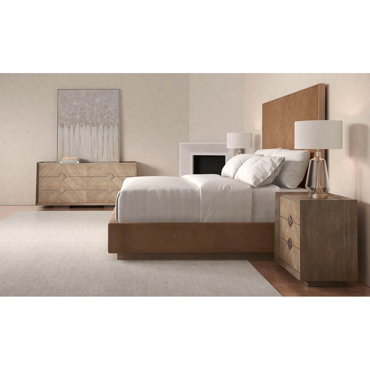 Bedroom with taupe king bed and matching furniture.