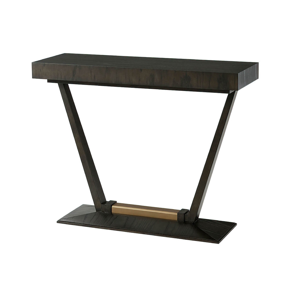 Dark art deco console table, 3/4 view with legs.