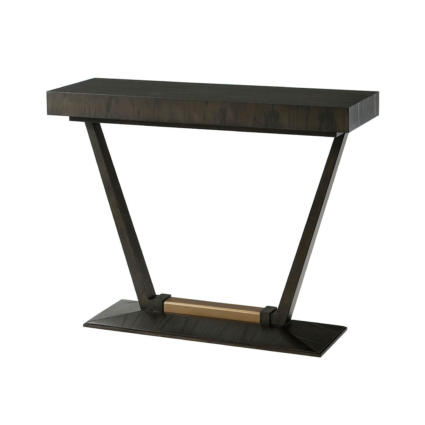 Dark art deco console table, 3/4 view with legs.