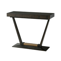 Dark art deco console table, 3/4 view with legs.