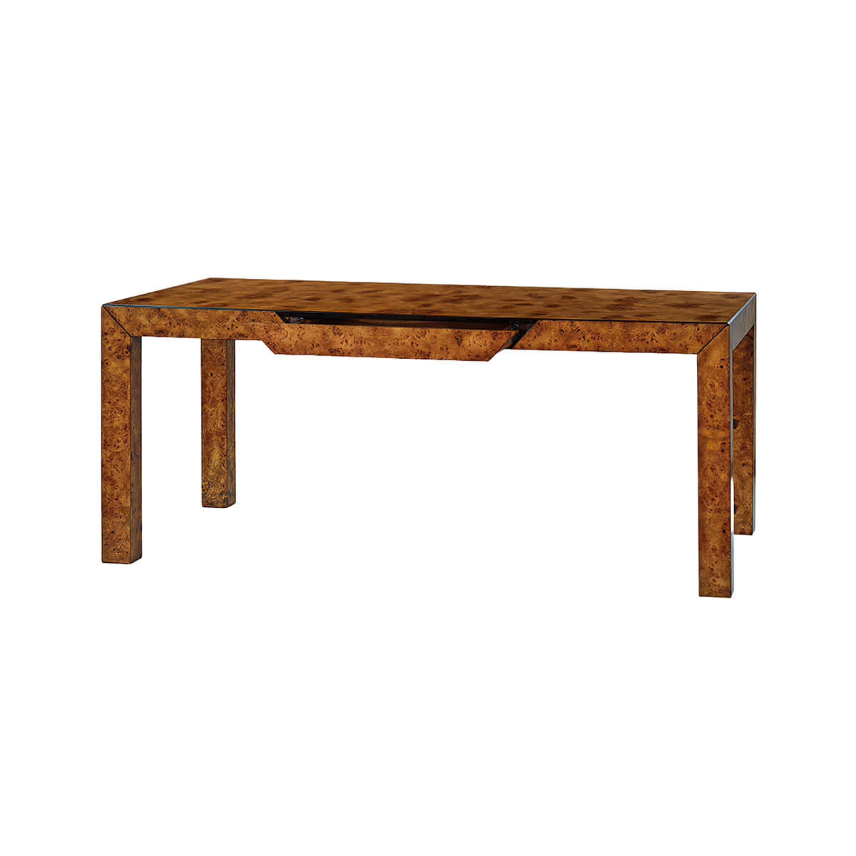Burl wood Parson desk, front view with no background.