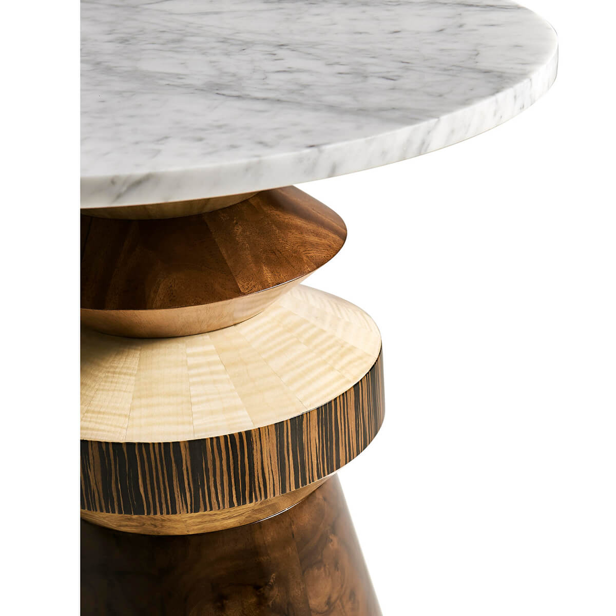 Close-up of wooden layers on eclectic accent table.