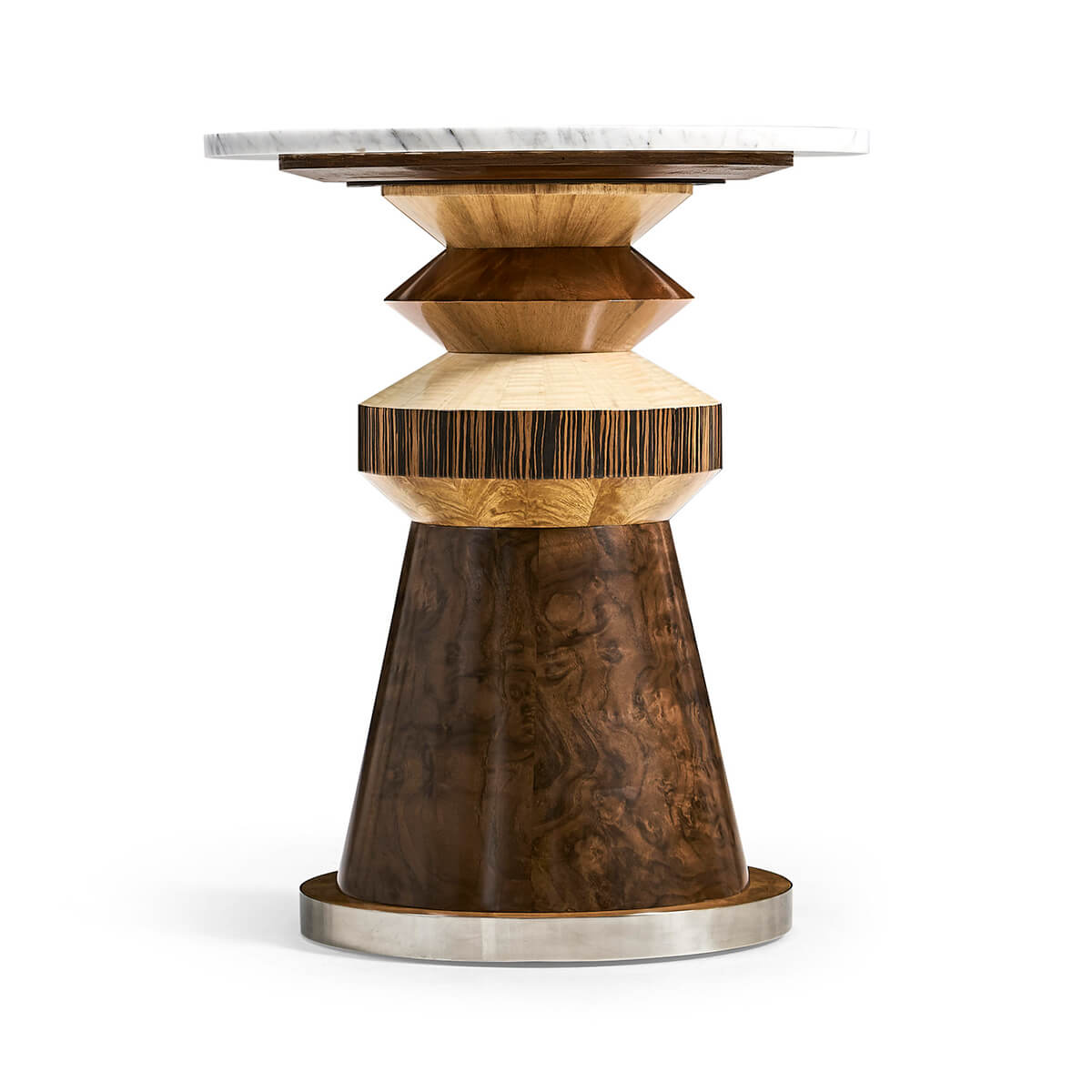 Eclectic accent table, front profile with design details.