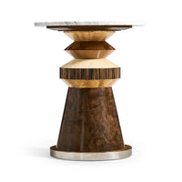 Eclectic accent table, front profile with design details.