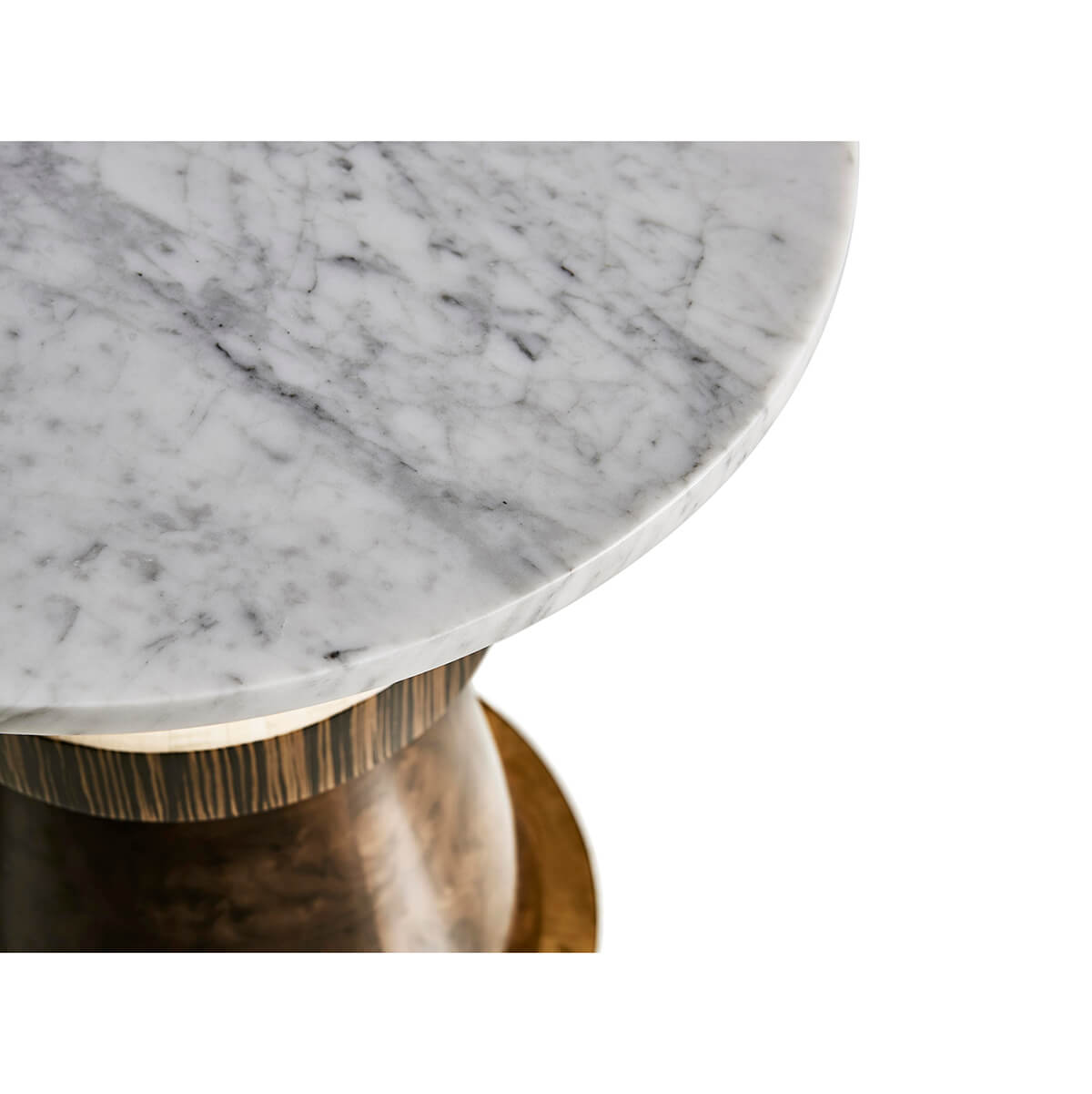 Detailed marble top of eclectic accent table.