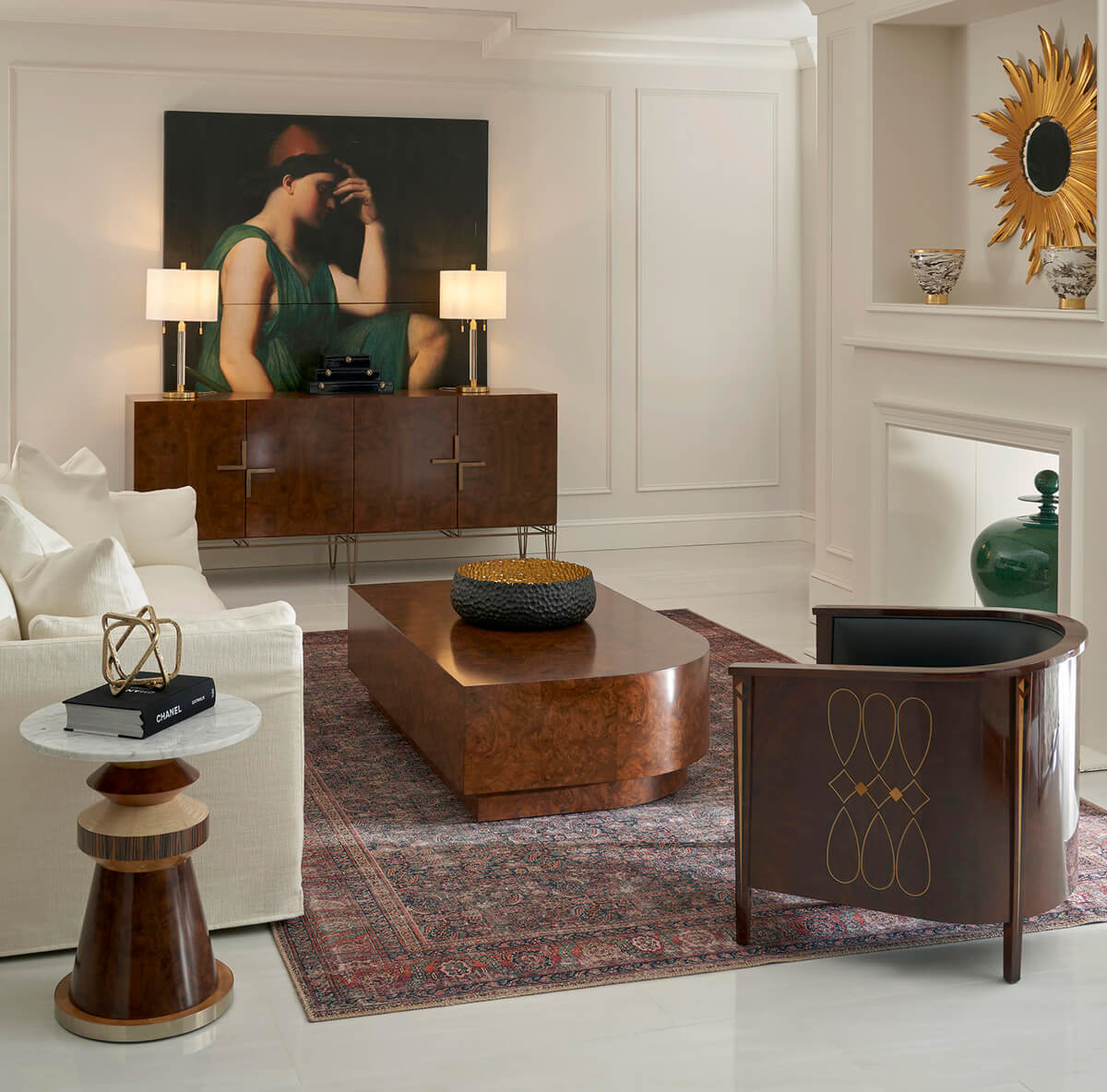 Eclectic accent table in living room setting.