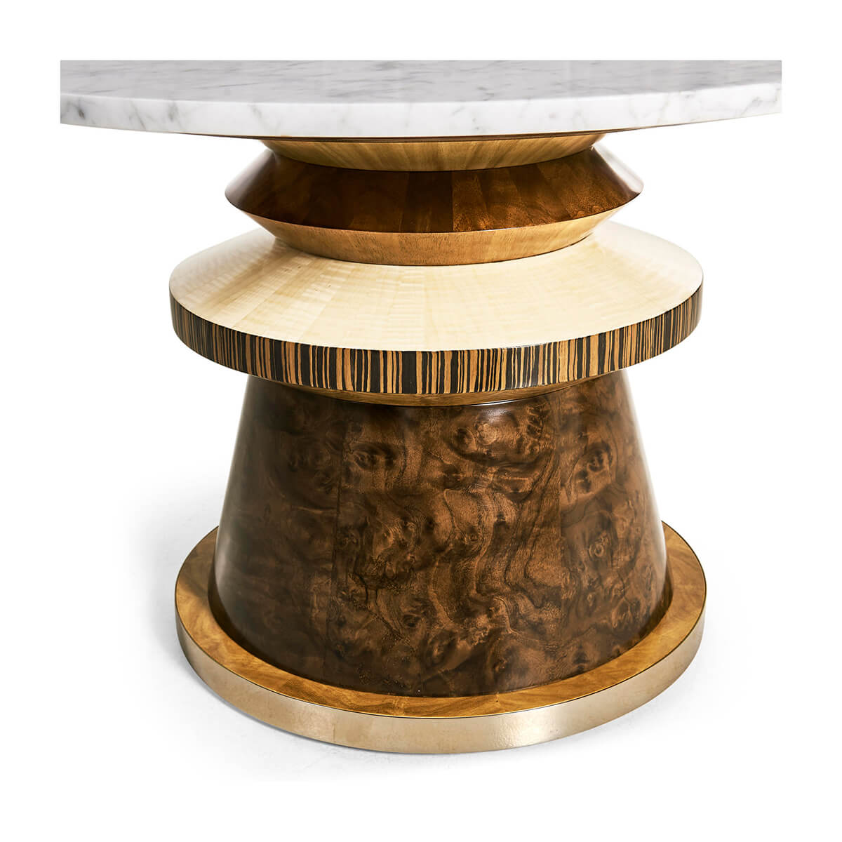 Designer cocktail table with round marble and wooden features.